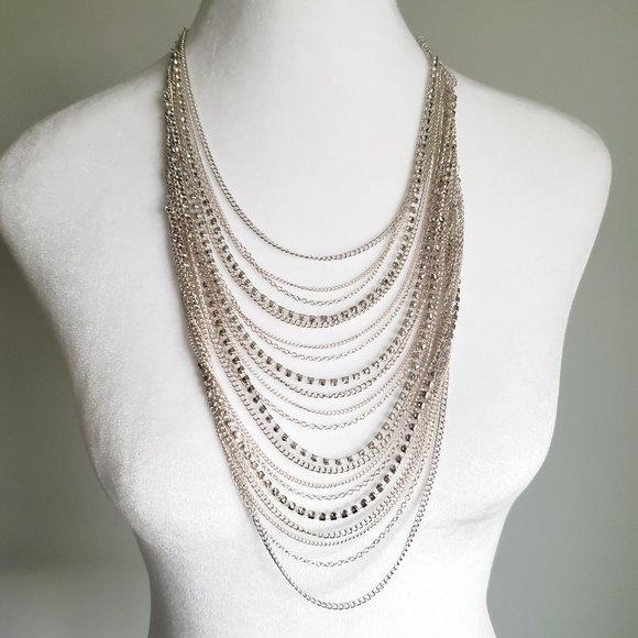 Multi-strand Silver Statement Bib Necklace Layered Chains Strands & Rhinestones - Picture 3 of 5